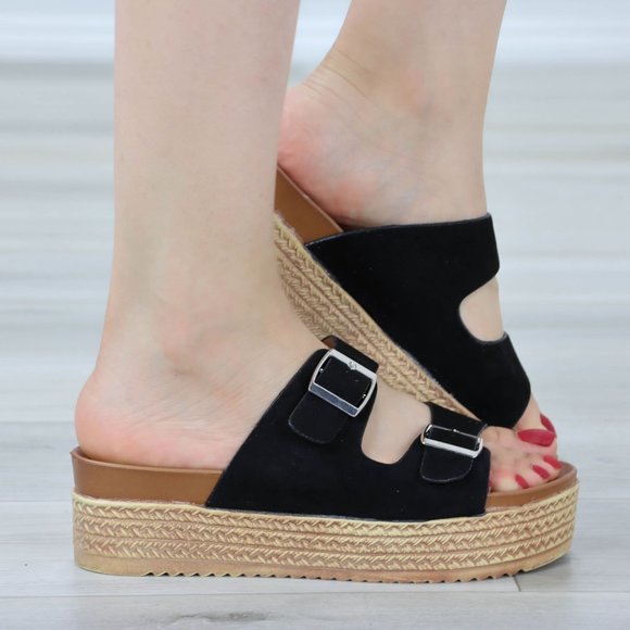 Suede Black Double Straps Comfort Platform Sandal Slip On Sliders - Picture 2 of 12